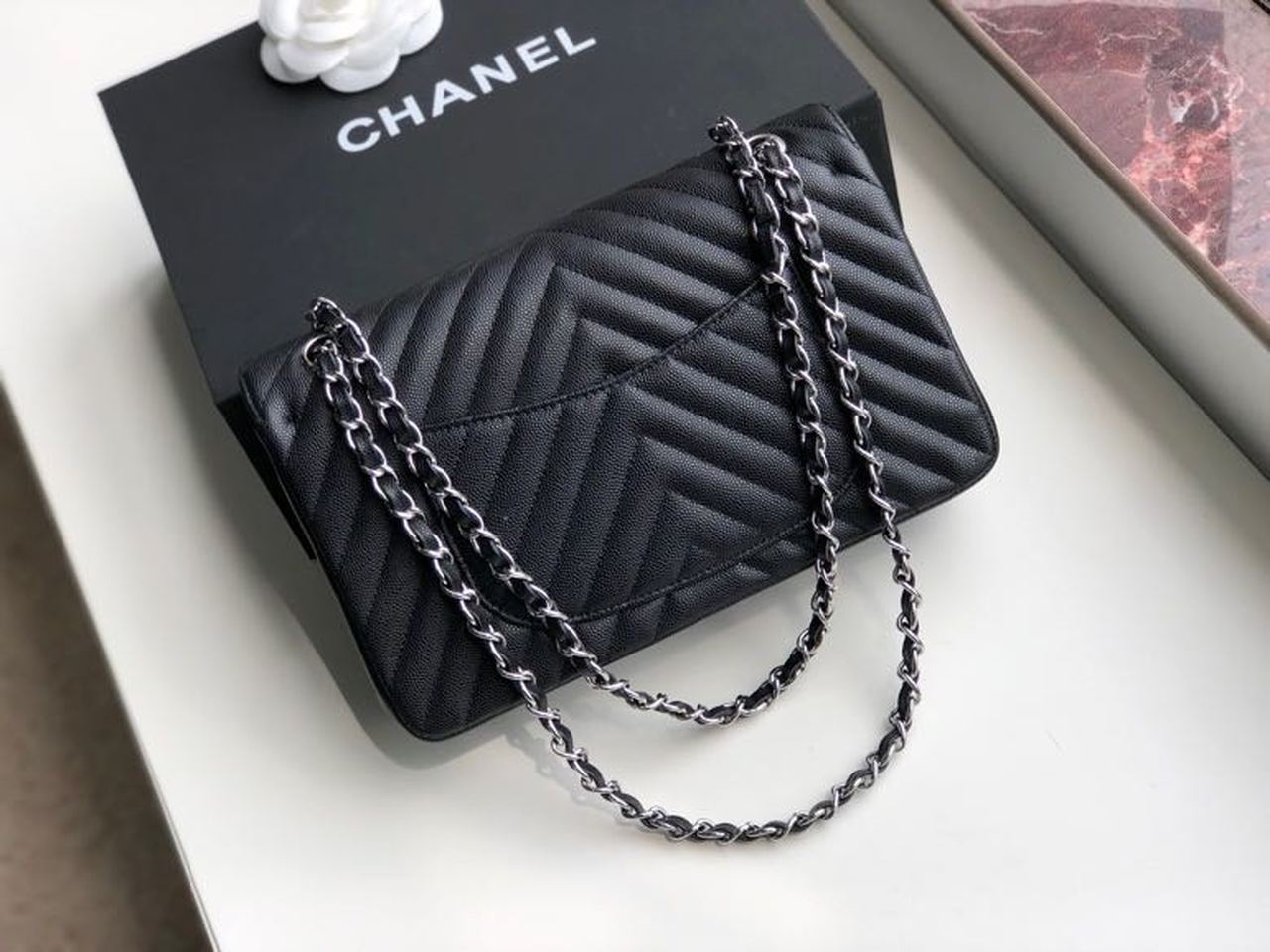 CHL -  Chevron Classic Handbag SilLusso Official - Hardware Black For Women Bags, Shoulder And Crossbody Bags 10.2in/26LO
