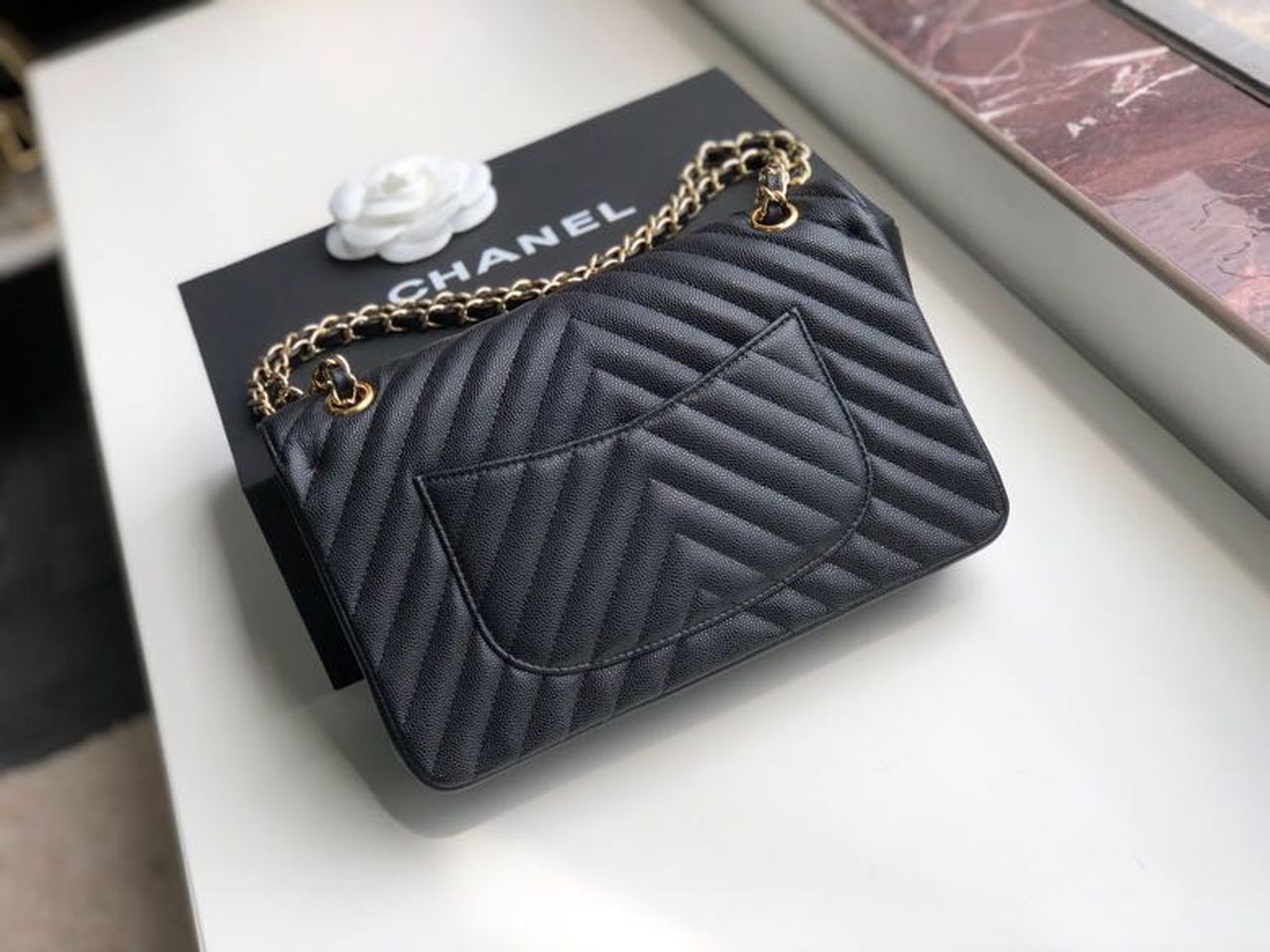 CHL -  Chevron Classic Handbag Gold Toned Hardware Black For Women, Women’s Bags, Shoulder And Crossbody Bags 10.2in/26LO
