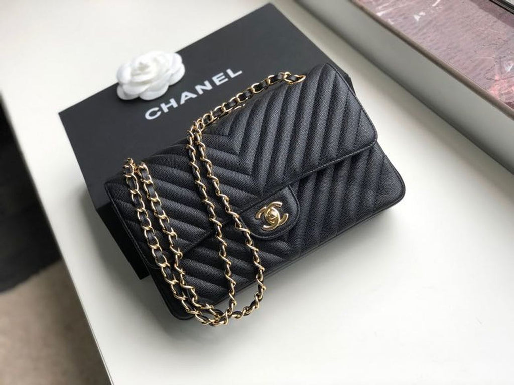 CHL -  Chevron Classic Handbag Gold Toned Hardware Black For Women, Women’s Bags, Shoulder And Crossbody Bags 10.2in/26LO