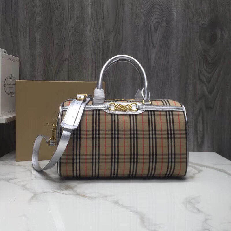 B-Berry - BB  Small 1983 Check LiNike Bowling Bag White/Brown For Women, Women’s Bags 9.1in/23LO