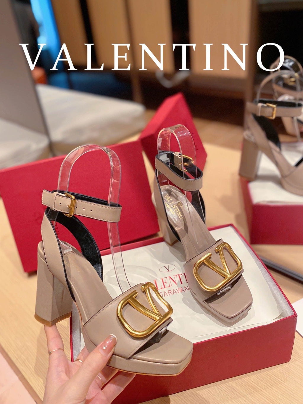 VAL -  Garavani Strap Heeled Sandals With V Logo Signature Embellishment Beige For Women