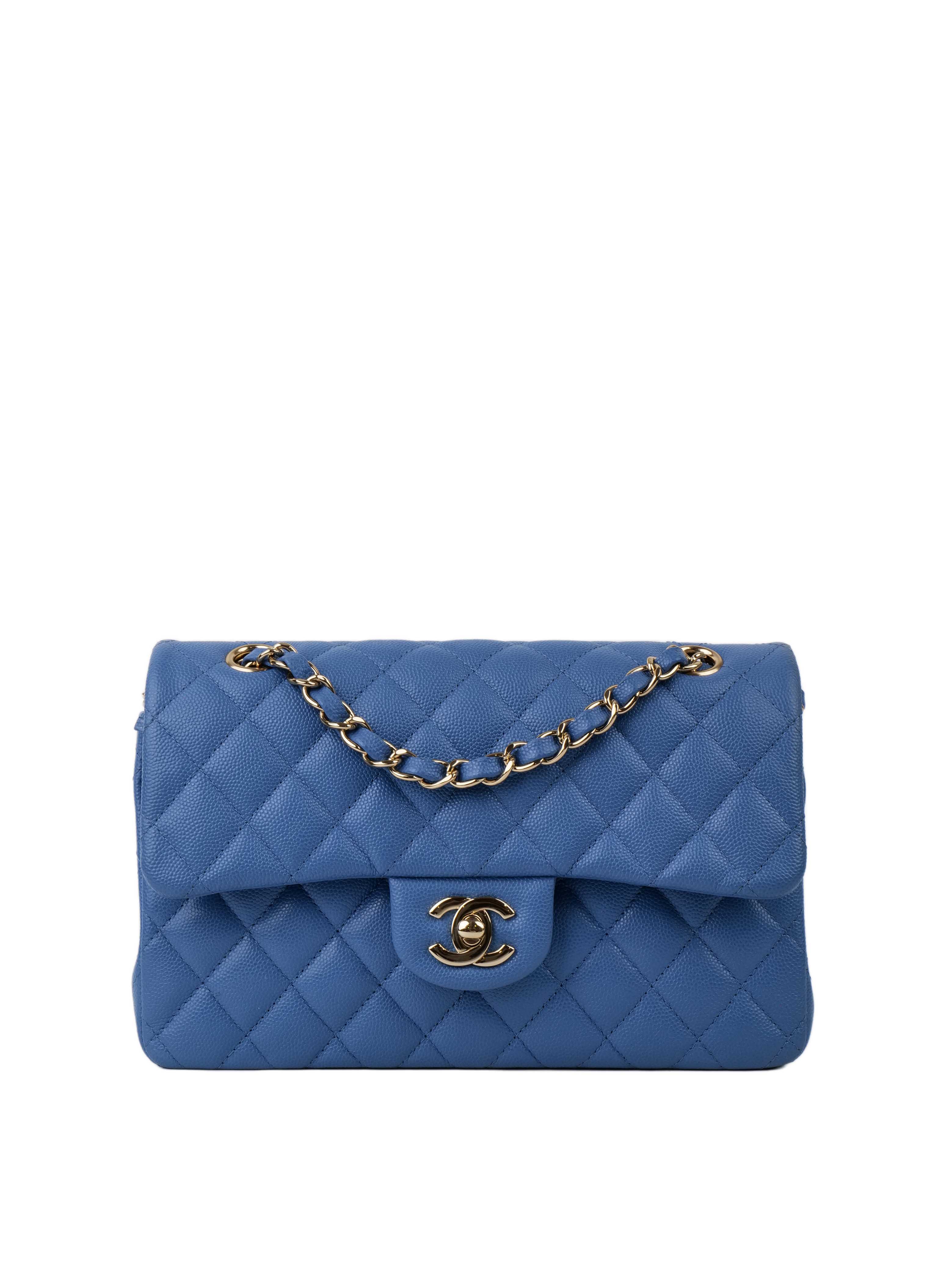 CHNL -  Blue Small Rectangular Caviar Classic Flap LGHW.