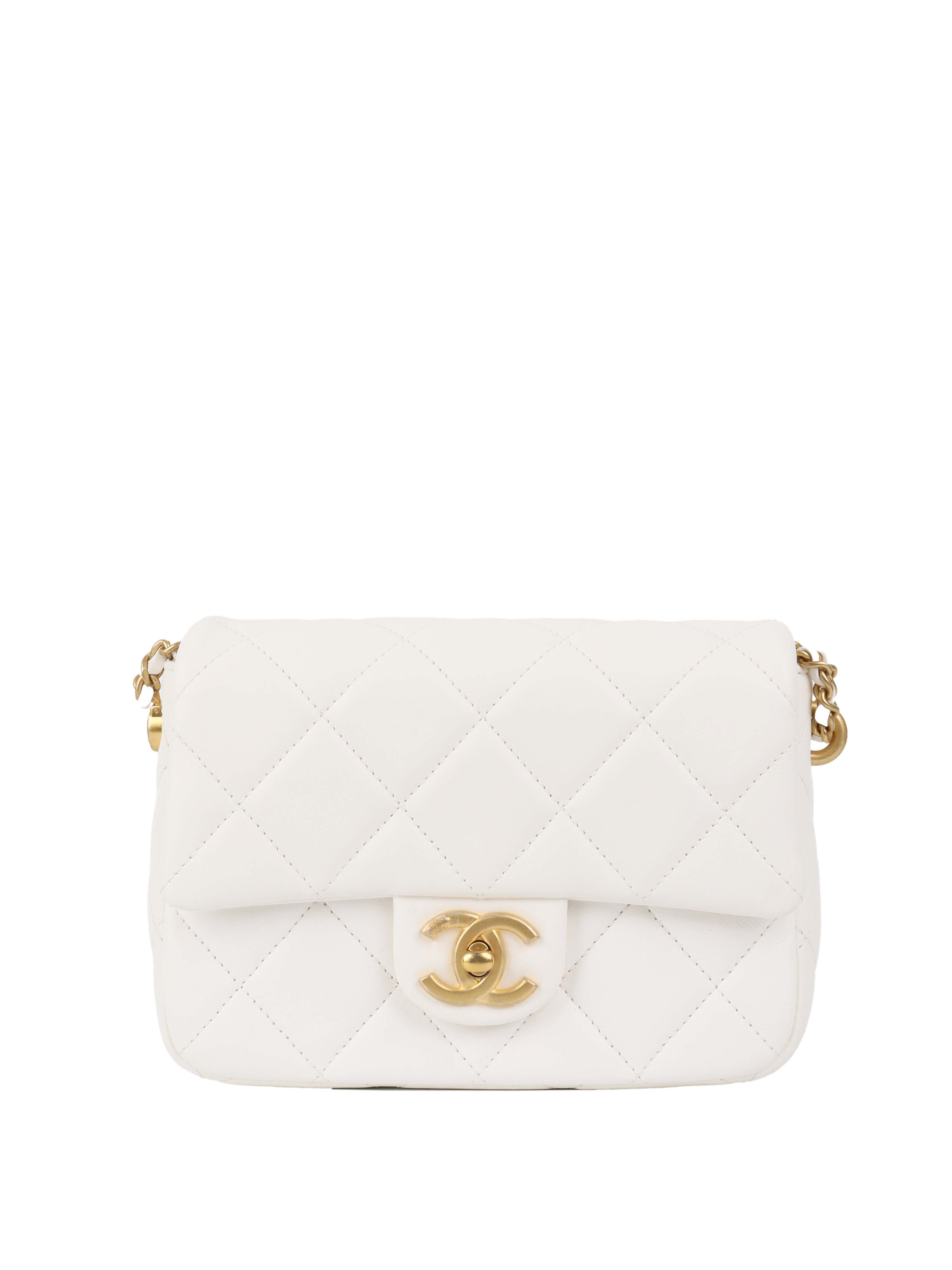 CHNL -  White and Pearl Chain Flap Bag.