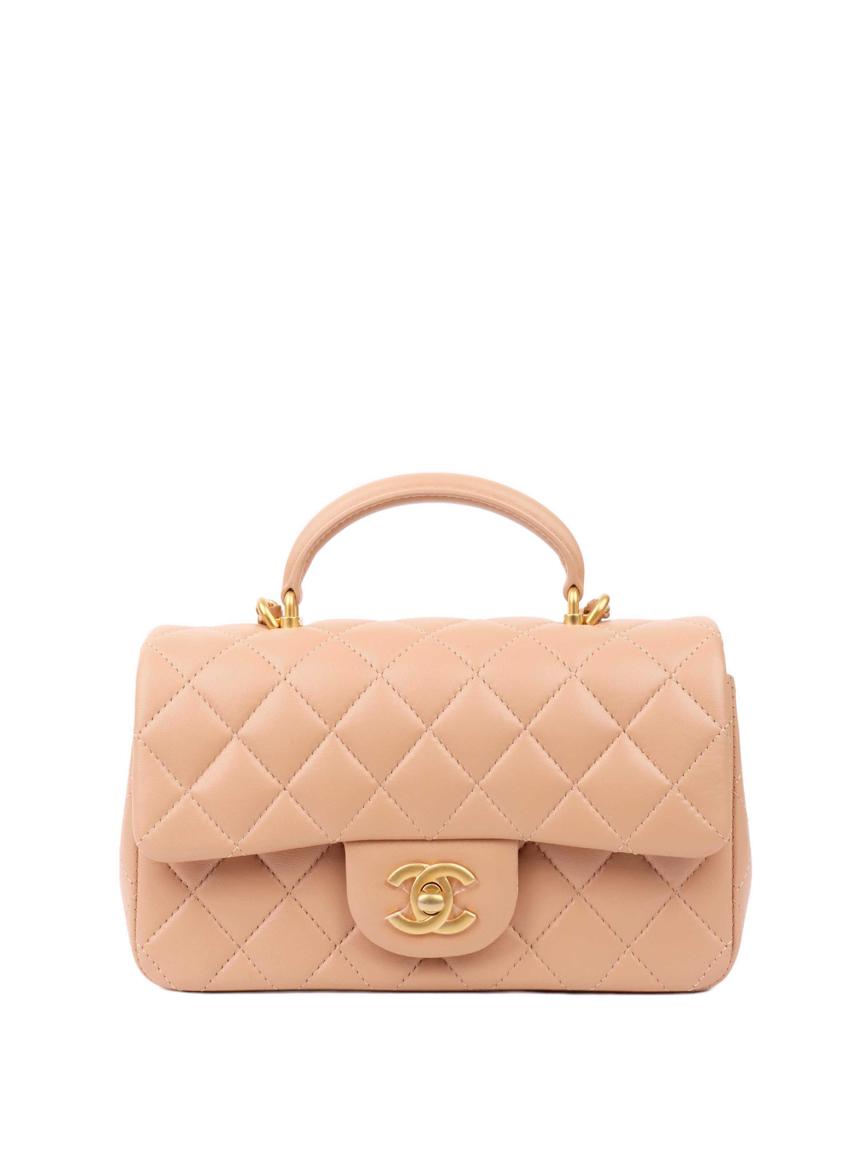 CHNL -  Beige Mini Rectangular Classic Flap with Top Handle.