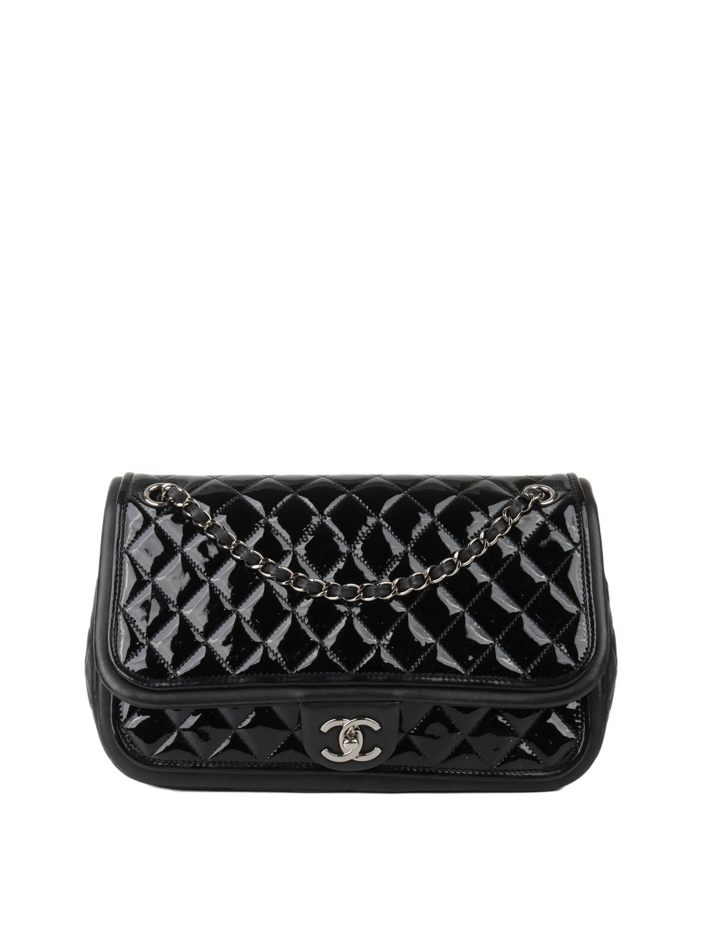 CHNL -  Black Patent Quilted Flap Bag SHW.