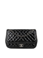 CHNL -  Black Patent Quilted Flap Bag SHW.