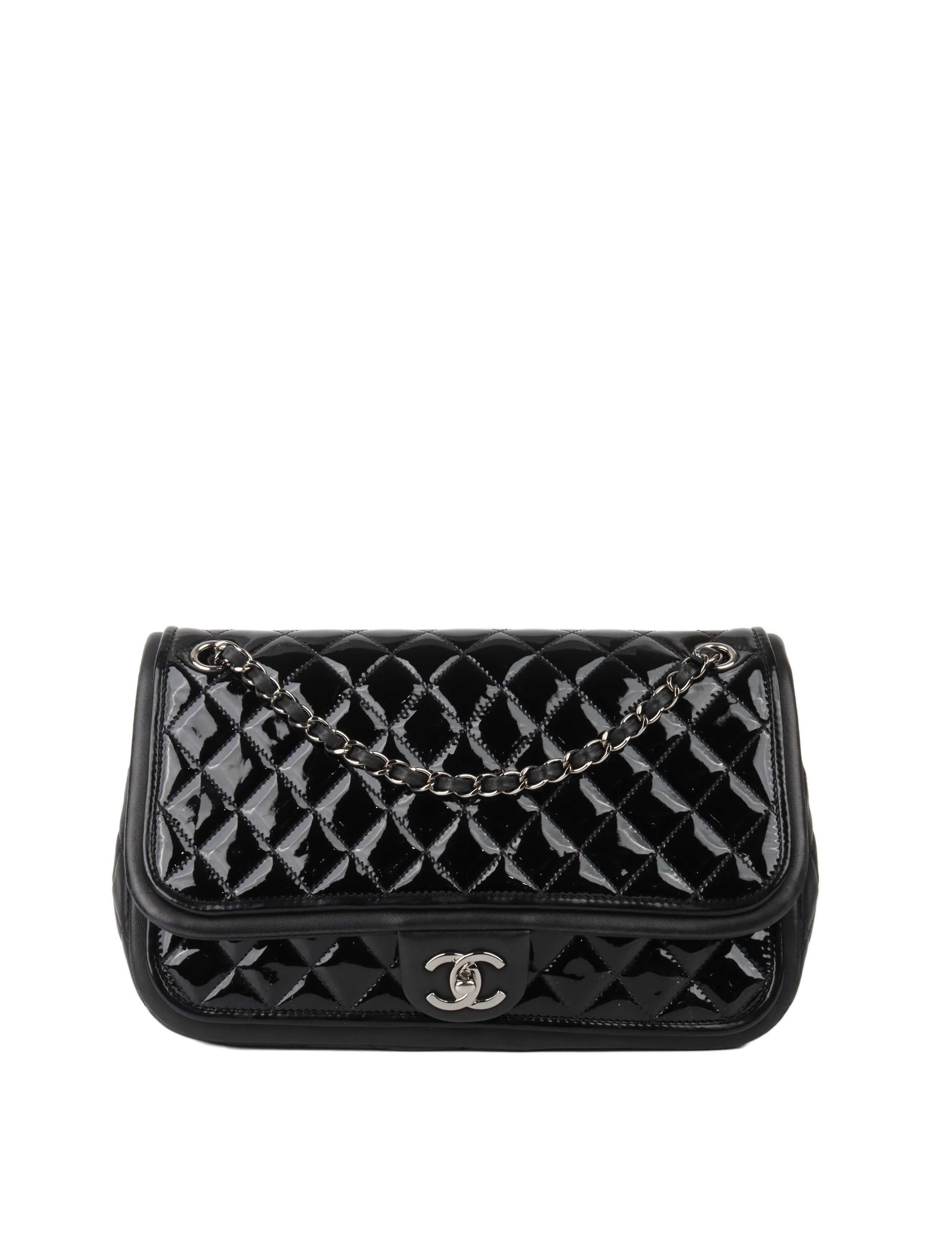 CHNL -  Black Patent Quilted Flap Bag SHW.