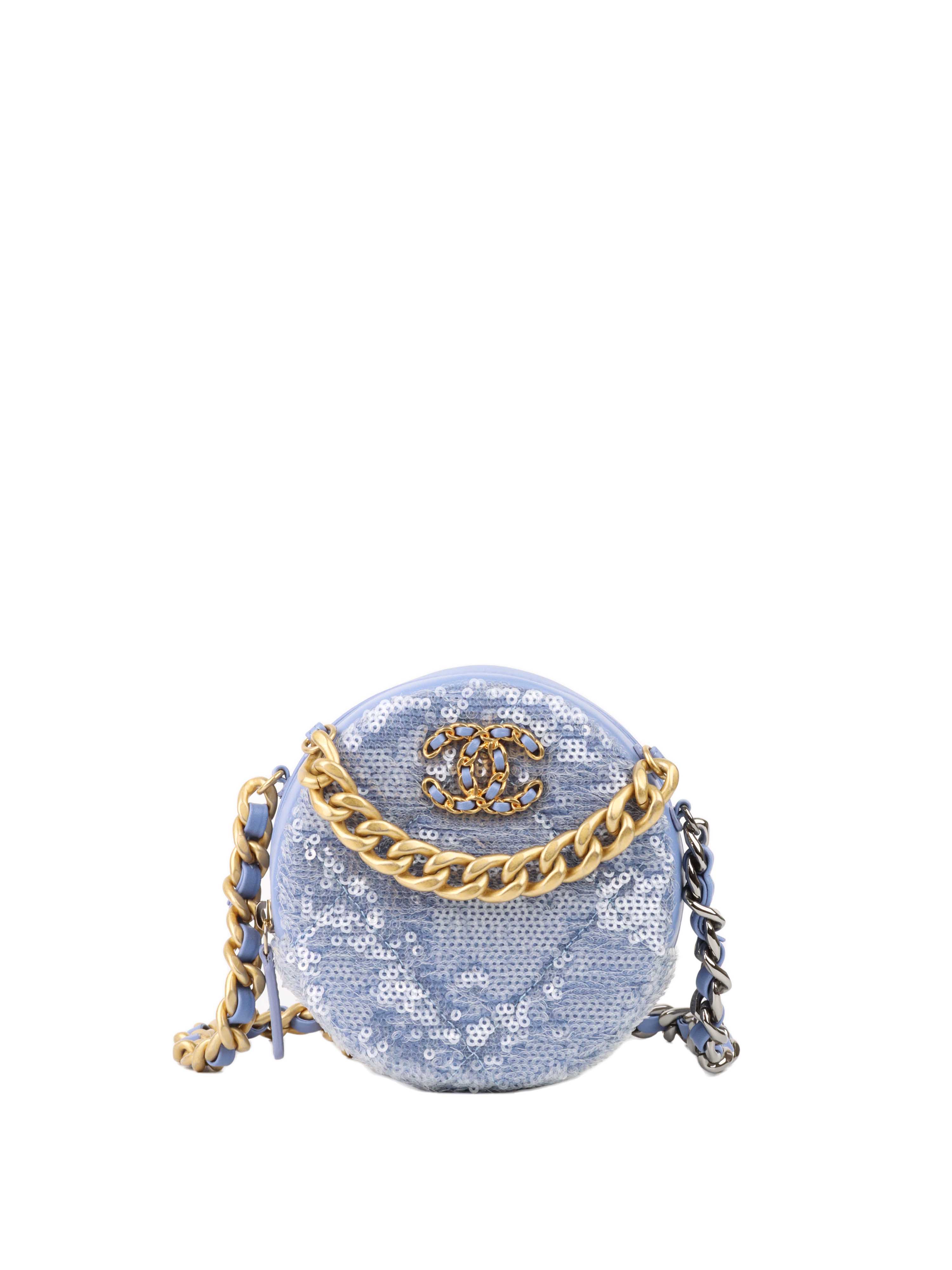 CHNL -  19 Round Blue Sequinned Clutch with Chain.