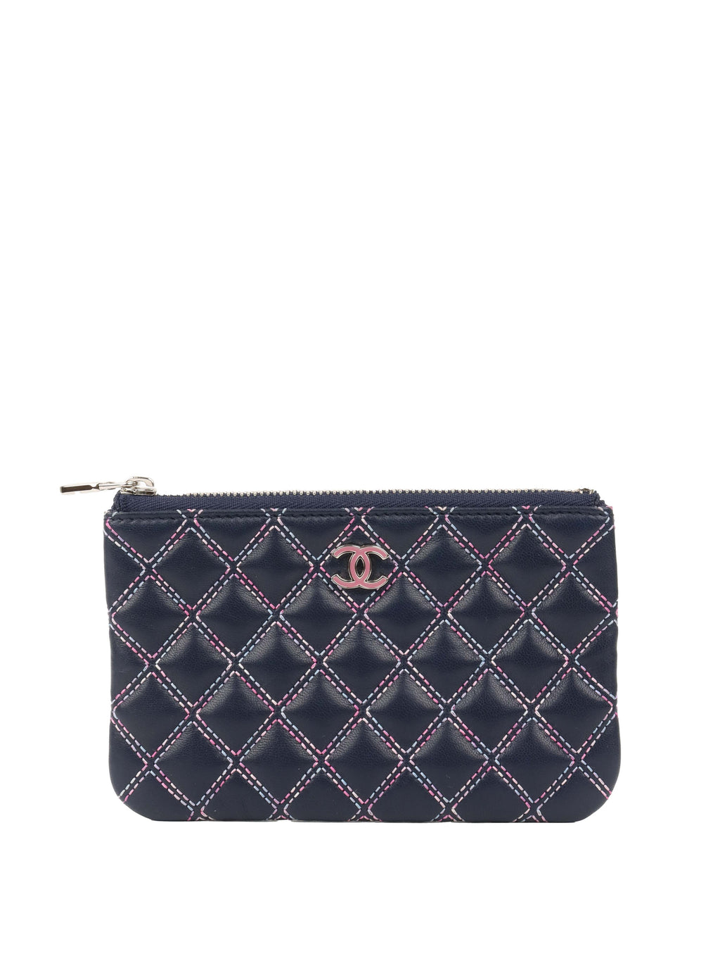 CHNL -  Navy Lambskin Zip Pouch.
