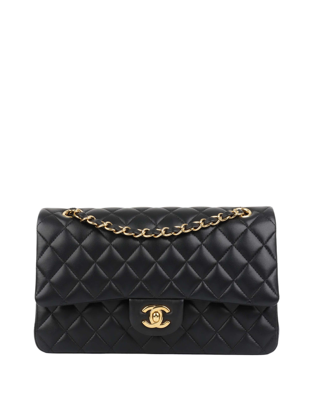 CHNL -  Black Lambskin Medium Classic Flap Bag GHW.