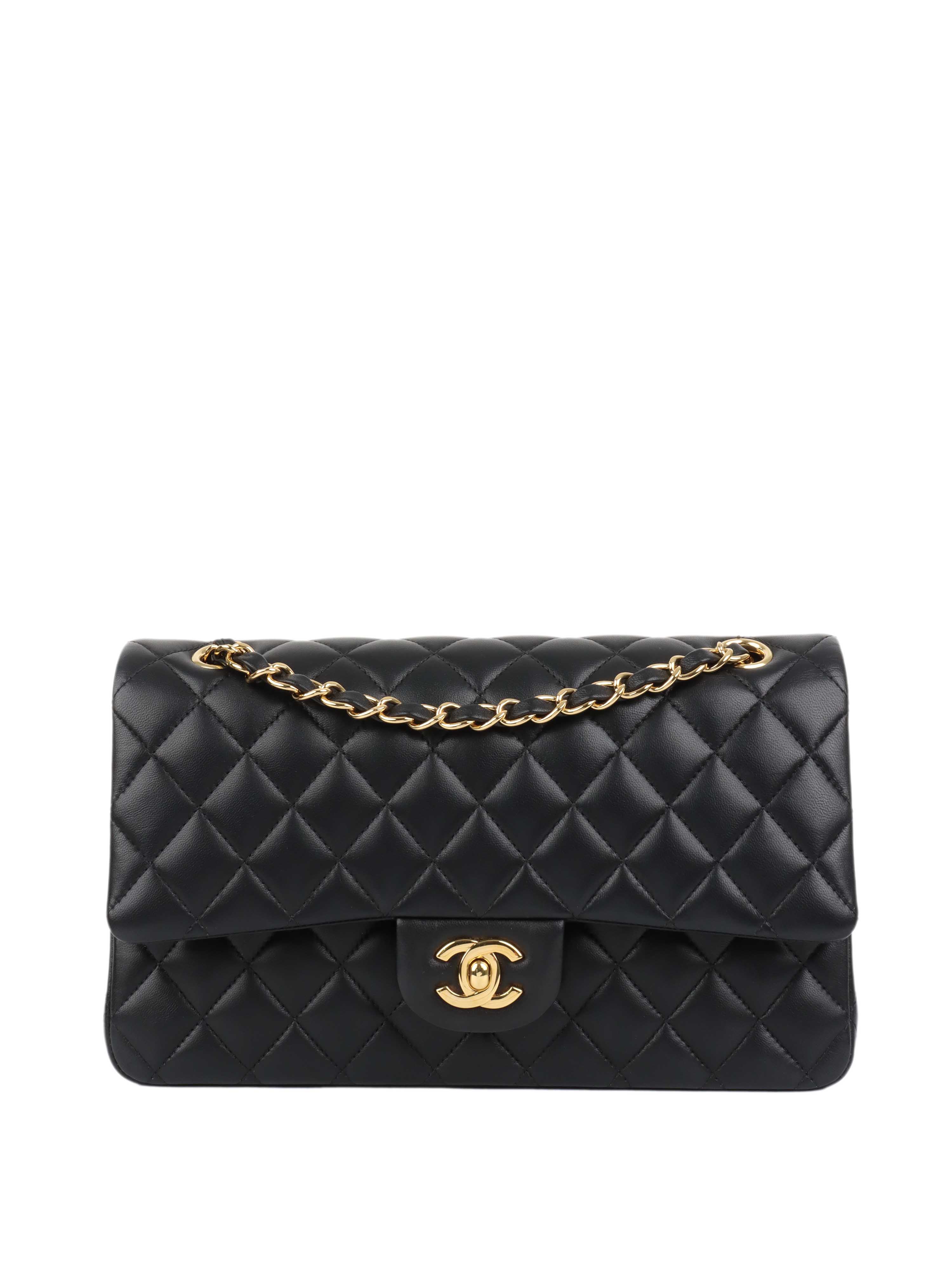CHNL -  Black Lambskin Medium Classic Flap Bag GHW.
