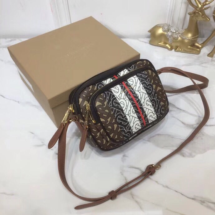B-Berry - BB  Monogram Stripe E-Canvas Camera Bag Bridle Brown For Women, Bags 19.5LO/7.7LO