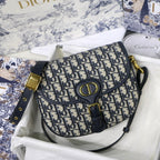 MEDIUM CD BOBBY 22CM BLUE OBLIQUE EMBROIDEDERED CANVAS GOLD HARDWARE