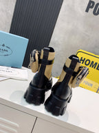 PRADA 25S MONOLITH BRUSHED AND RE NYLON BOOTS WITH POUCH BLACK AND MUTED OLIVE