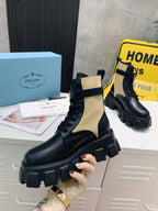 PRADA 25S MONOLITH BRUSHED AND RE NYLON BOOTS WITH POUCH BLACK AND MUTED OLIVE