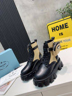 PRADA 25S MONOLITH BRUSHED AND RE NYLON BOOTS WITH POUCH BLACK AND MUTED OLIVE