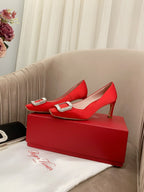 TROMPETTE PUMPS IN RED SILK CRYSTAL BUCKLE