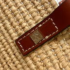LOE SQUARE BASKET BAG 28 IN NATURAL RAFFIA AND CHOCOLATE BROWN CALFSKIN