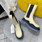 TIRE CHELSEA BOOT IN BLACK MIX BISQUE BEIGE CALFSKIN WITH STEEL BLUE SOLE