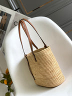LOEWE 25S BASKET BAG 30 IN NATURAL MIX BROWN RAFFIA CALFSKIN SHOULDER STRAP