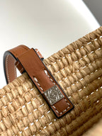 LOEWE 25S BASKET BAG 30 IN NATURAL MIX BROWN RAFFIA CALFSKIN SHOULDER STRAP