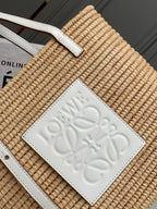 LOEWE 25S BASKET BAG 30 IN NATURAL MIX WHITE RAFFIA CALFSKIN SHOULDER STRAP