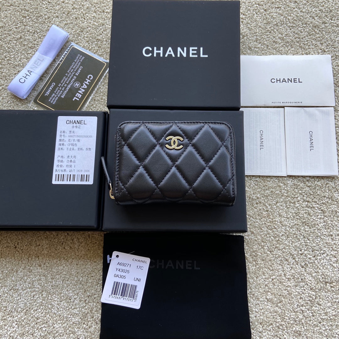 CC Classic Zipper Card Holder Black Sheepskin Silver Steel 229632
