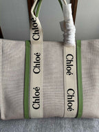 LAGRE WOODY TOTE BAG 45 IN BEIGE LINEN CANVAS BLACK WEBBING LOGO EMBROIDER GREEN CALFSKIN