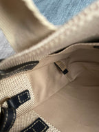SMALL STRAP WOODY TOTE BAG 26.5 IN BEIGE LINEN CANVAS BLACK WEBBING LOGO EMBROIDER BLACK CALFSKIN
