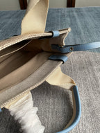 SMALL STRAP WOODY TOTE BAG 26.5 IN BEIGE LINEN CANVAS BLACK WEBBING LOGO EMBROIDER BLUE CALFSKIN