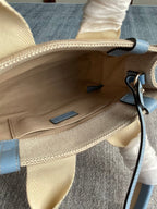 SMALL STRAP WOODY TOTE BAG 26.5 IN BEIGE LINEN CANVAS BLACK WEBBING LOGO EMBROIDER BLUE CALFSKIN