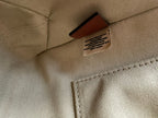 SMALL STRAP WOODY TOTE BAG 26.5 IN BEIGE LINEN CANVAS BLACK WEBBING LOGO EMBROIDER BROWN CALFSKIN
