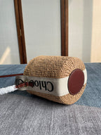 SMALL WOODY BASKET 17 IN NATURAL FIBERS BEIGE WEBBING DARK BROWN CALFSKIN