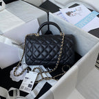 CHANEL 25S MINI FLAP BAG WITH TOP HANDLE 20 IN BLACK CALFSKIN GOLD HARDWARE
