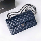 CC CLASSIC FLAP BAG 25 IN NAVY BLUE LAMBSKIN SILVER HARDWARE