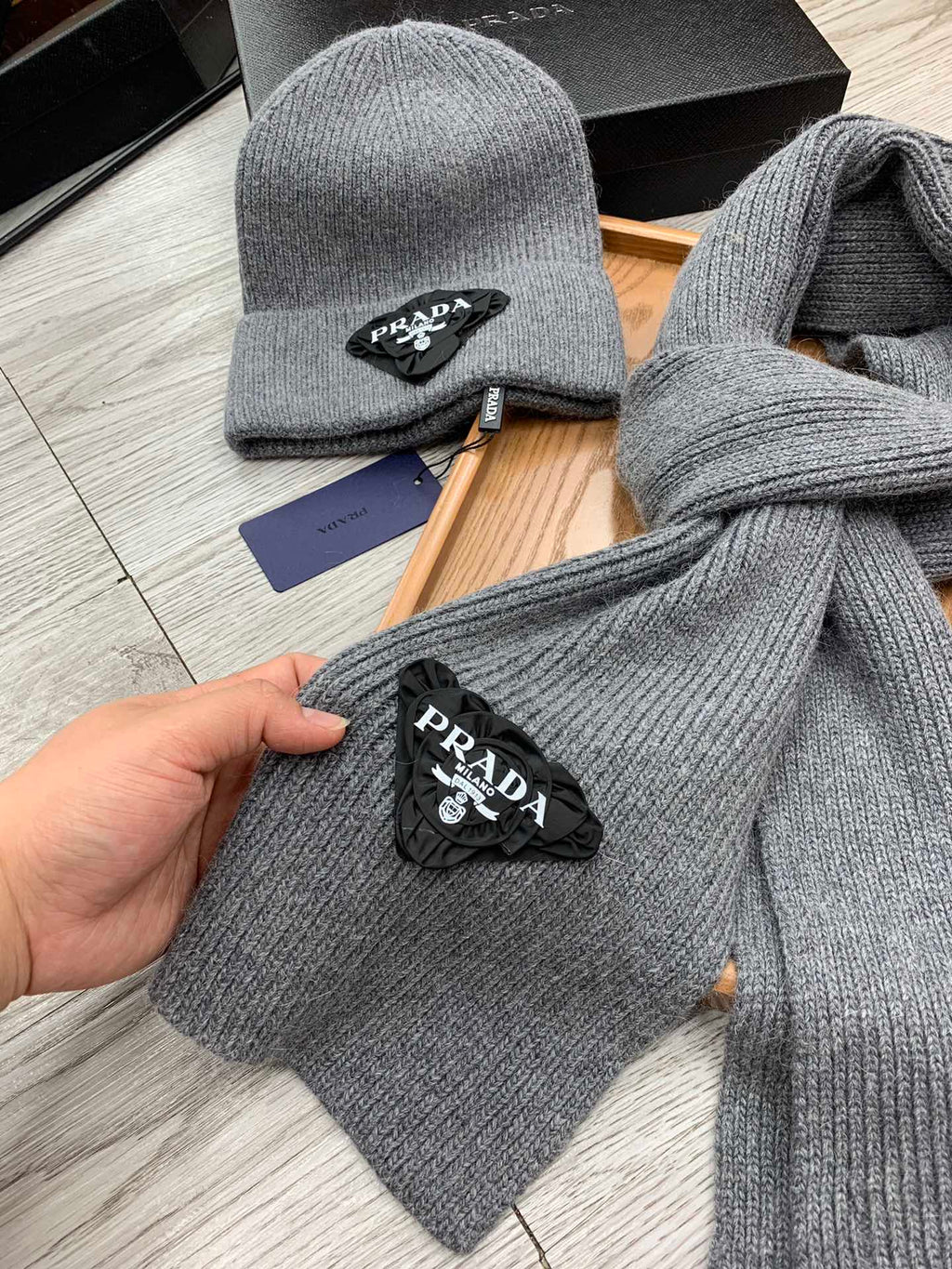 SET SCARF AND HAT IN MO GRAY WOOL AND RABBIT FUR 386078