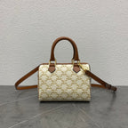 Celine Small Boston Bag Triomphe Beige Brown Canvas & Calfskin
