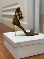 BALMAIN 25S THIN STRAP HIGH HEELS 105MM IN DARK BROWN SUEDE GOLD HARDWARE