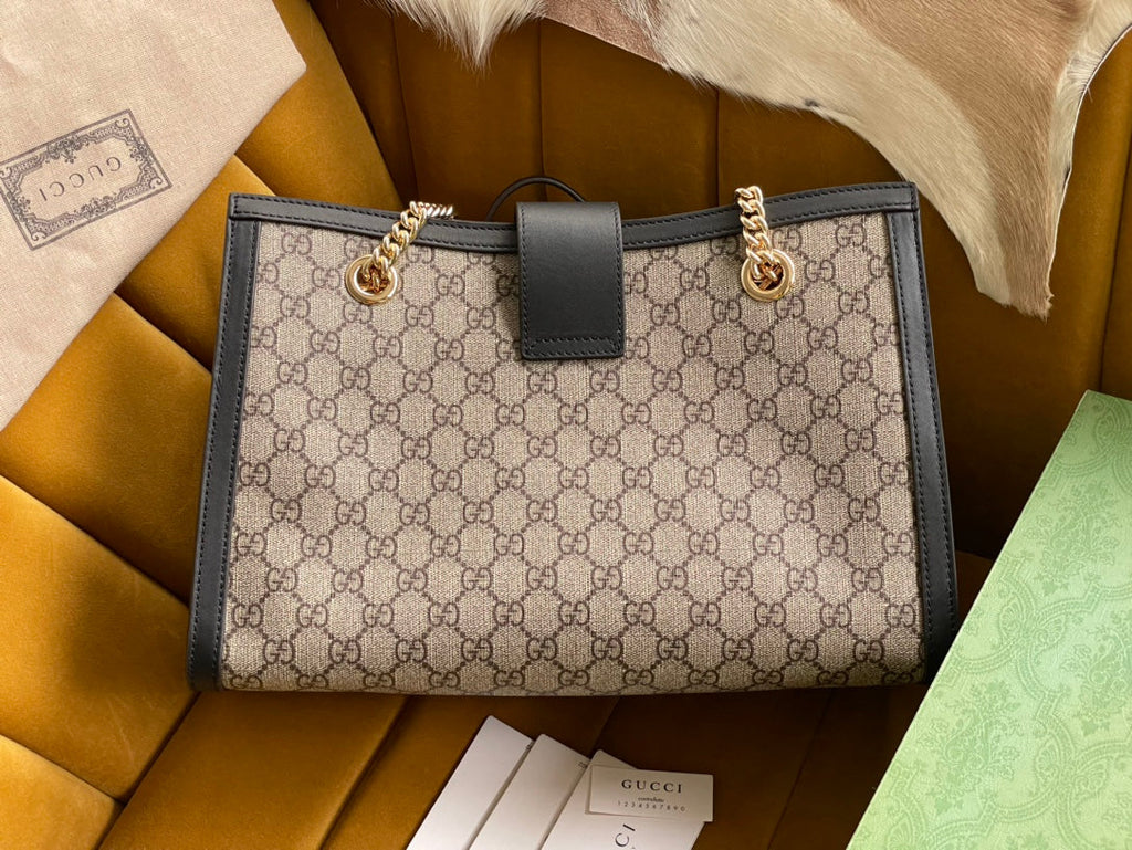 GG PADLOCK LARGE 35 SHOULDER BAG BEIGE CANVAS AND BLACK CALFSKIN