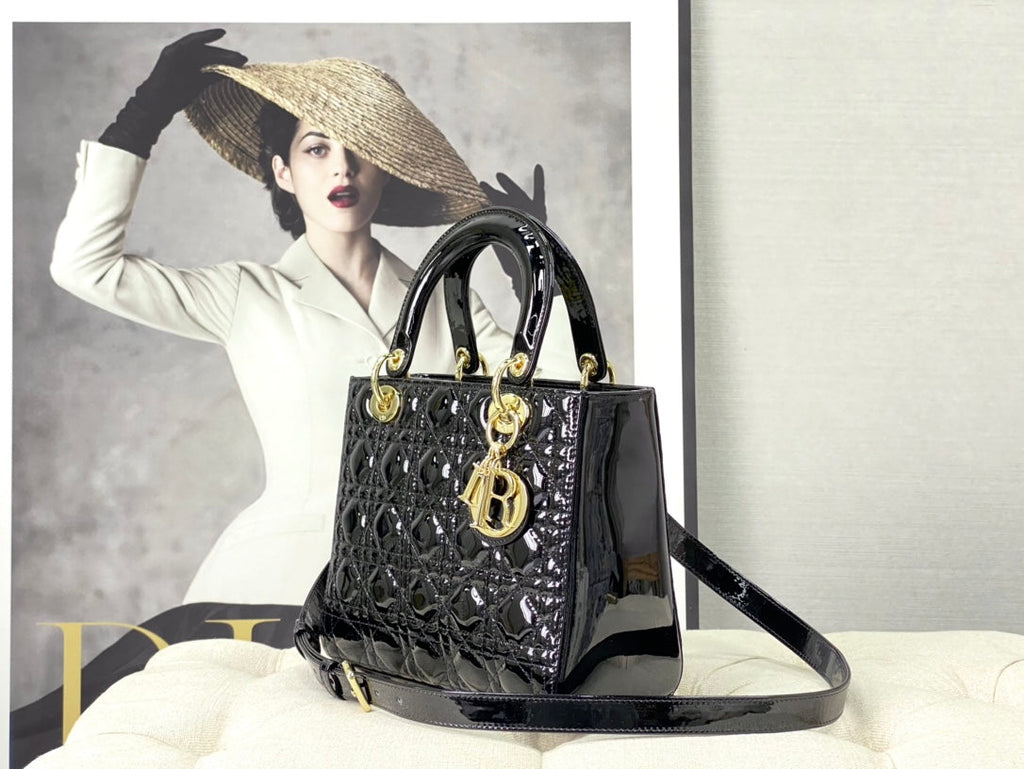medium lady 24 black patent calfskin