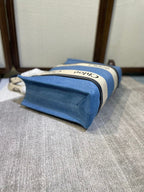 MEDIUM STRAP WOODY TOTE BAG 37 IN BLUE DENIM CANVAS DARK BLUE CALFSKIN