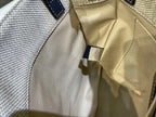 SMALL STRAP WOODY TOTE BAG 26.5 IN BEIGE LINEN CANVAS BLACK WEBBING DARK BLUE CALFSKIN
