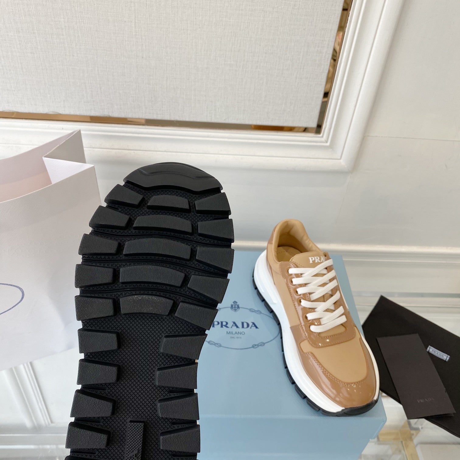 PRADA 25S THICK SOLE SNEAKER IN BROWN CALFSKIN AND CANVAS