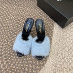 LA 16 HEELED MULES IN SKY BLUE RABBIT FUR AND SMOOTH LAMBSKIN