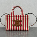 Celine 2026 Cabas Thais Striped Bag 29cm Red White Textile Calfskin 283595