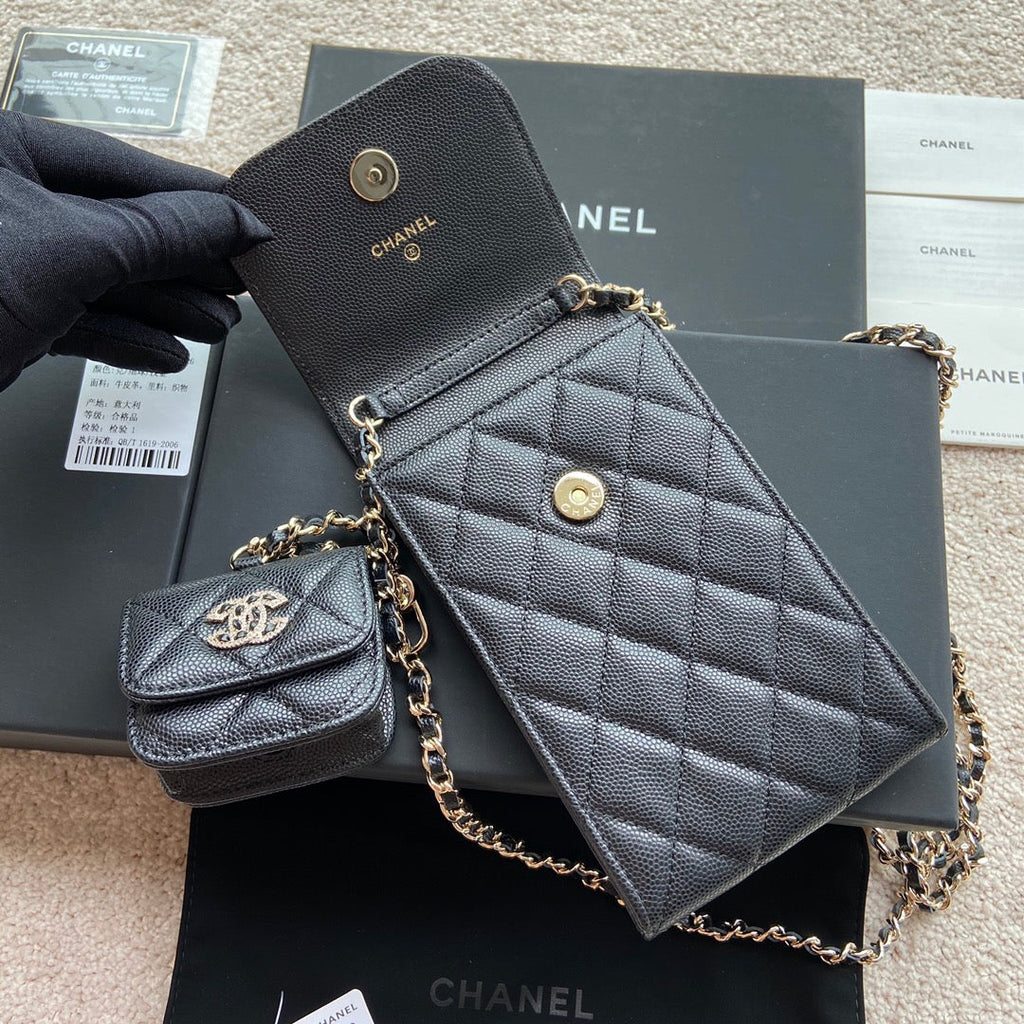 CC Phone Holder Pale & Air Pod Bag Black Caviar Diamond Hardware 229776