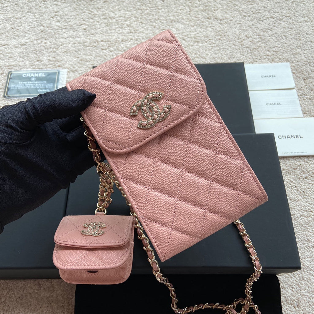 CC Phone Holder Pale & Air Pod Bag Pink Caviar Diamond Hardware 229778