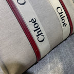 LAGRE WOODY TOTE BAG 45 IN BEIGE LINEN CANVAS BLACK WEBBING LOGO EMBROIDER RED CALFSKIN