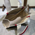 MEDIUM STRAP WOODY TOTE BAG 37 IN BEIGE LINEN CANVAS BLACK WEBBING LOGO EMBROIDER RED CALFSKIN
