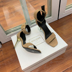 BALMAIN 25S THIN STRAP HIGH HEELS 105MM IN LIGHT MOCHA SUEDE GOLD HARDWARE